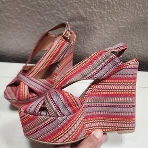 Jeffrey Campbell Handmade lbiza Mariel Fabric Multi-Color Boho Wedge Shoes, Sz 7